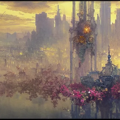 Prompt: a beautifull intricate watercolour painting of a floating ciberpunk cityscape with many flowers, reflexions, verry high details by william turner art, greg rutkowski and alphonse mucha, trending on artstation, very very detailed, masterpiece, - h 7 0 4