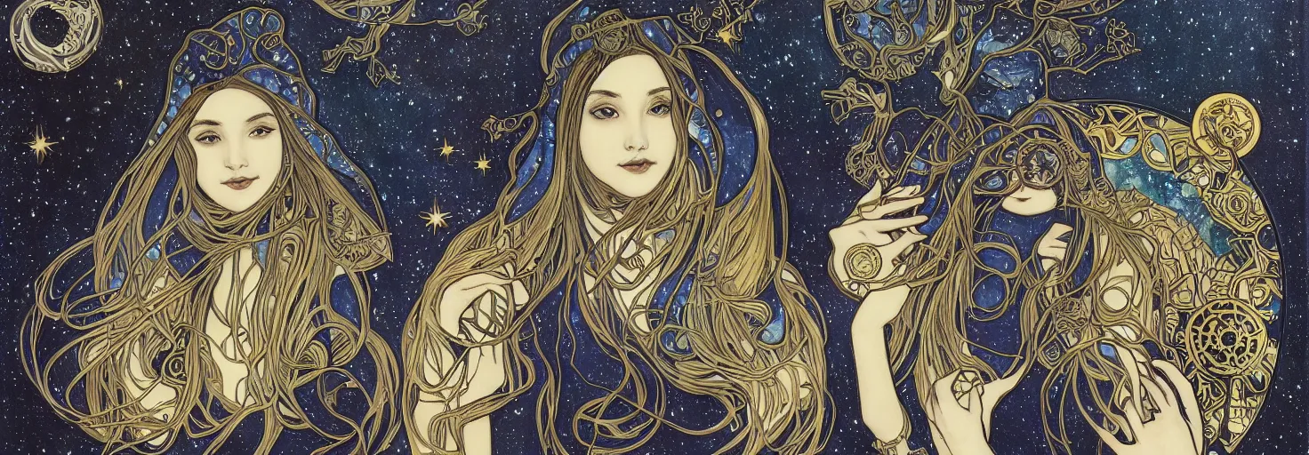 Prompt: cloaked dark winter night, awardwinning portrait by sana takeda and alphonse mucha, astronomical star constellations and watch gears, traditional moon, candle, tattoo, maiden, fool, crone, ultramarine blue and gold and peyote colors, intricate stained glass