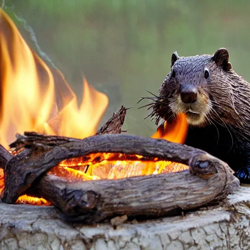 Image similar to beaver being roasted over a fire, photograph