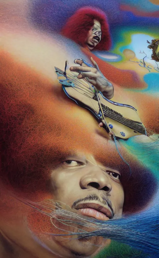 Image similar to ultrawide angle colour masterpiece surreal closeup portrait photography of jimi hendrix playing on stage by miho hirano and annie leibovitz and michael cheval, weird surreal epic psychedelic complex biomorphic 3 d fractal landscape in background by kilian eng and roger dean and salvador dali and beksinski, 8 k