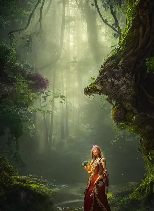 Image similar to Beautiful art portrait of a female fantasy priestess in a bright temple surrounded by lush forest, atmospheric lighting, intricate detail, cgsociety, hyperrealistic, octane render, RPG portrait, ambient light, dynamic lighting