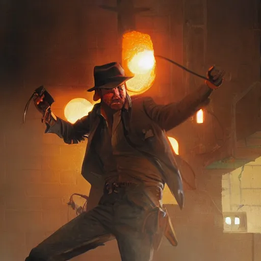 Image similar to close up indiana jones stealing a catalytic convertor, that is on a pedastal painted by greg rutkowski