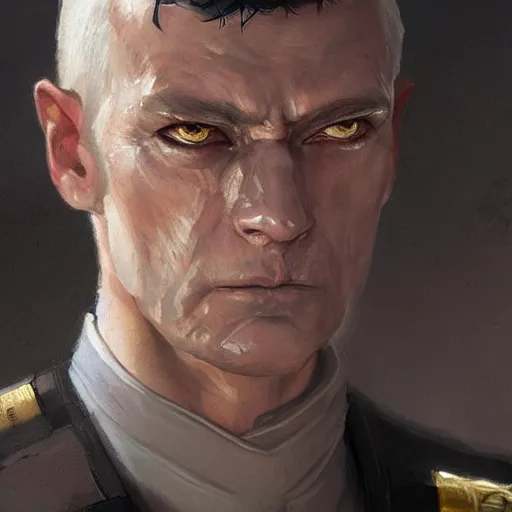 Image similar to portrait of a man by greg rutkowski, great admiral thrawn from star wars, blue skin, short black hair in military style, tall, star wars expanded, universe, he is about 5 0 years old, wearing white colored imperial admiral uniform, artstation hq