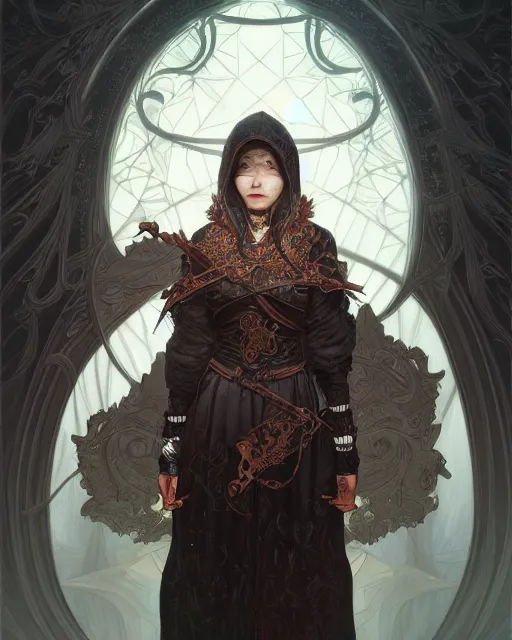 Image similar to Portrait of a female thief, korean face features, wearing hood, dark fantasy, intricate, elegant, highly detailed, digital painting, artstation, concept art, smooth, sharp focus, illustration, art by Sam Youn and Fernanda Suarez and Artem Demura and alphonse mucha