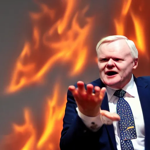 Image similar to a high quality photograph of europe burning in fire while olli rehn shouts in pain and tears his hair