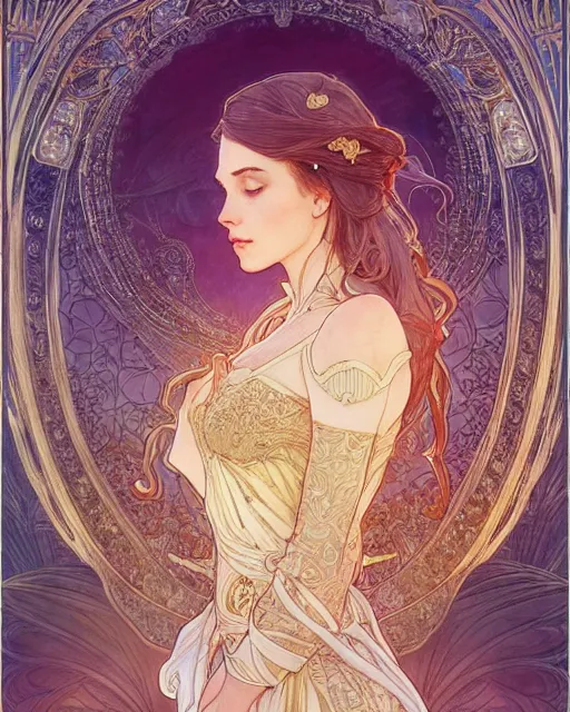 Image similar to a angle, highly detailed, very intricate, art nouveau, gold filigree, romantic storybook fantasy, soft cinematic lighting, award - winning, disney concept art watercolor illustration by mandy jurgens and alphonse mucha and alena aenami, pastel color palette, featured on artstation