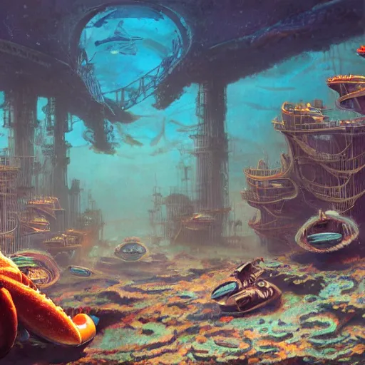 Prompt: A beautiful detailed matte painting of a giant cybernetic crab next to machinal sardines in a nuclear bomb war-ravaged underwater city, Atlantis, deep sea fish, underwater landscape, violent ocean, by andreas rocha and john howe, and Martin Johnson Heade, featured on artstation, featured on behance, golden ratio, ultrawide angle, f32, cyberpunk, well composed, cohesive, oceanblue darkblue black color palette