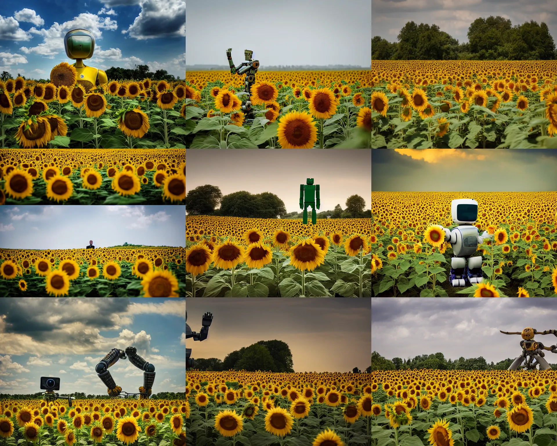 Prompt: a wide angle landscape photo of a field of sunflowers being enjoyed by an up close giant humanoid robot, lpoty, award winning, bokeh, soft focus, photography by beksinski