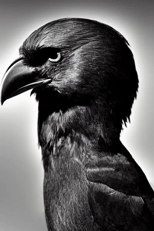 Prompt: a profile shot of a man with the head of a crow, 8k, hyperrealism, cinematic lighting