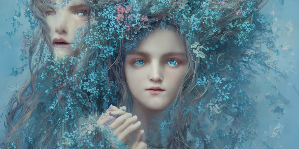 Image similar to breathtaking detailed concept art painting portrait of the hugs goddess of light blue flowers, carroty hair, orthodox saint, with anxious piercing eyes, ornate background, amalgamation of leaves and flowers, by hsiao - ron cheng, extremely moody lighting, 8 k