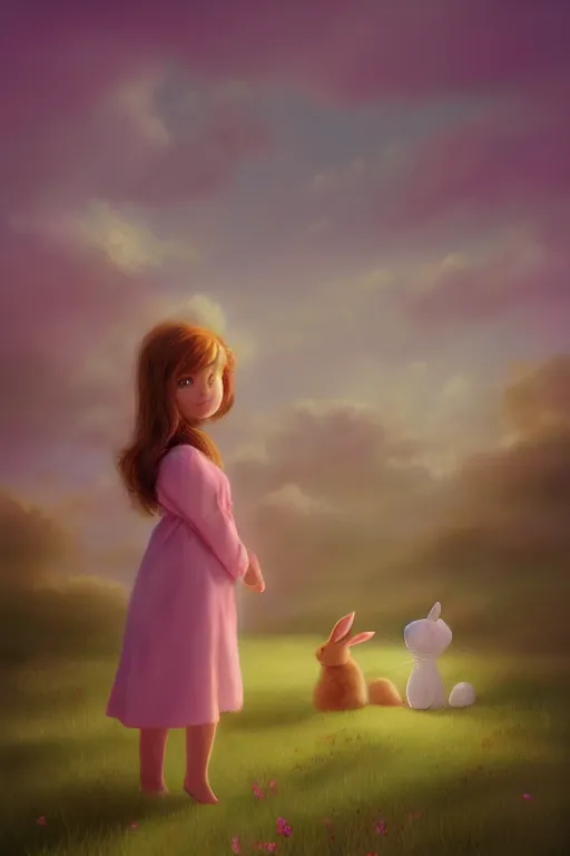 Image similar to matte sharp painting cute little girl and rabbit landscape painted by mark rydel artstation behance storybook style pastel colors