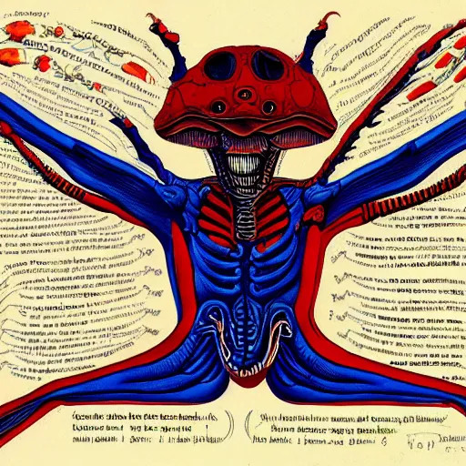 Prompt: anatomically correct diagram of alien, quadruped, h. r. giger, red and blue, 8 feet fall, monstrous, fiendish, high detail, cinematic, wes anderson