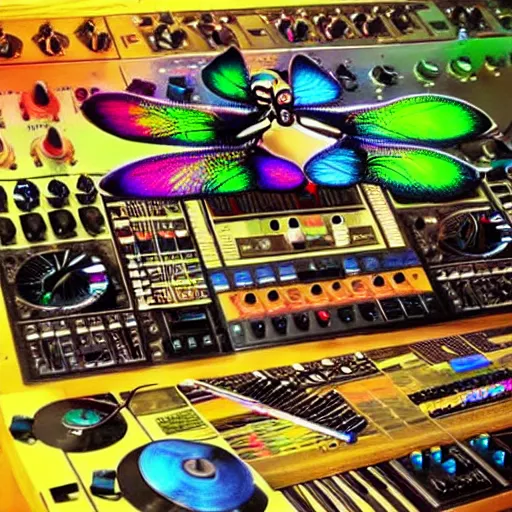 Image similar to An dragonfly made of music instruments and DJ equipaments , mixer ,MPC amazing colors , epic