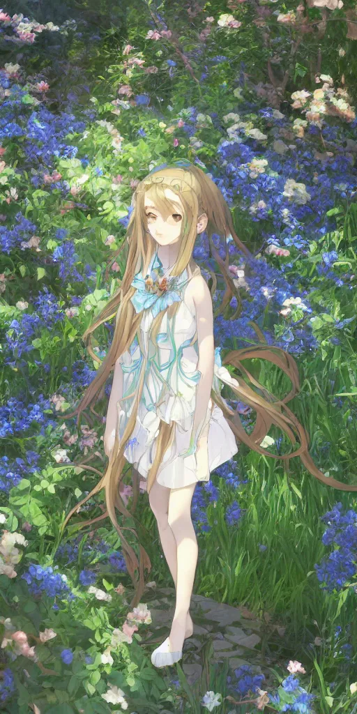 Prompt: a digital art of a loli with long hair in a dress in the privet garden at after noon, green and warm theme, blue flowers accents, back lighting, by krenz cushart and mucha and akihito yoshida and greg rutkowski and makoto shinkai, highly detailed, 4 k resolution, trending on art station