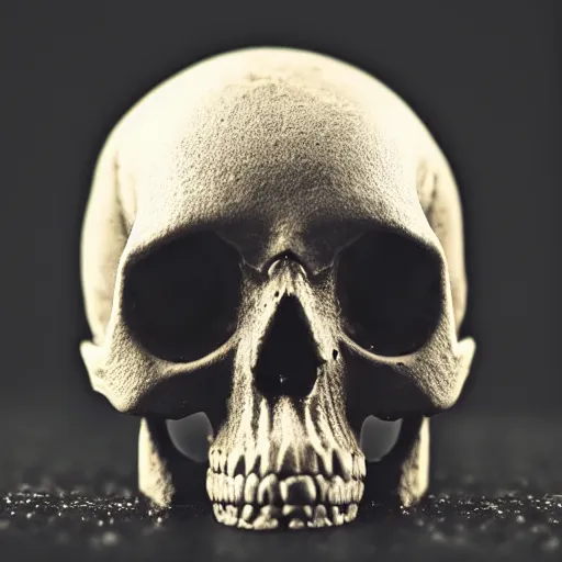 Image similar to a tiny human Skull, black background, close-up macro photography, bokeh, shallow focus