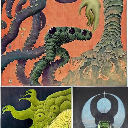 Image similar to a giant tardigrade kaiju retro japanese, monster slimy, oil painting, 7 0 s vintage art, by georgia o keeffe, by kay nielsen, by gustave dore, by frank frazetta, nausicaa, collage, by james gurney