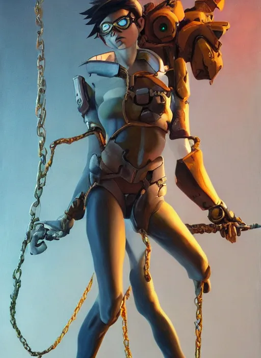 Image similar to full figure, painting of tracer from overwatch, in style of zdzisław beksinski, horror, 4 k, feminine facial features, full armor, full armor, detailed face, tall, dark ropes and chains in background