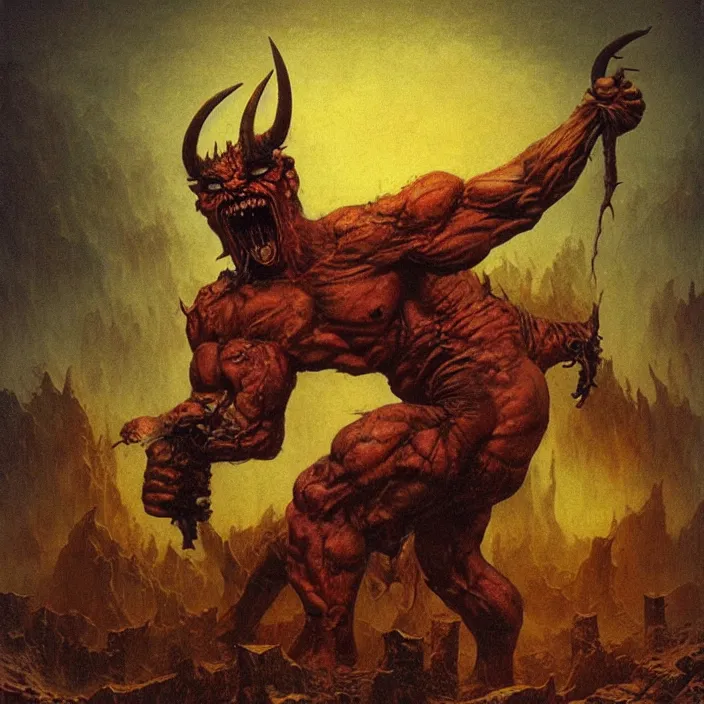 Prompt: horned demon berserker, muscular body, demon, balrog, beksinski