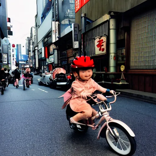 Image similar to tiny little cute dragons riding a bike in the streets of tokyo