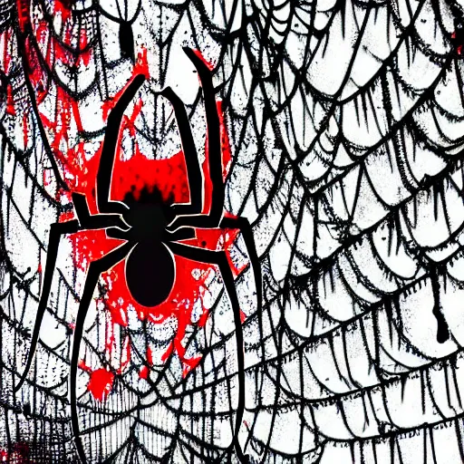 Prompt: spider webs dripping blood, rich decaying bleeding colors, horrorcore spider