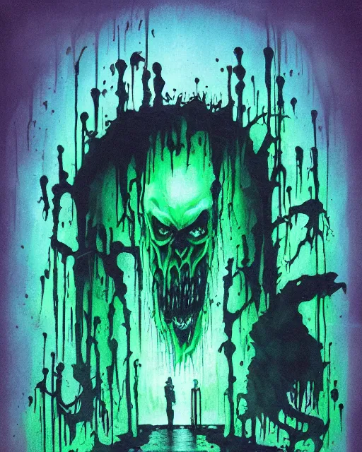 Prompt: a horror movie poster for the ooze, a being of green ghostly viscous slime making its way through abandoned midnight suburban streets, inevitable doom, concept art, goosebumbs novel cover, wisp lights, rhads,