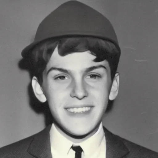 Prompt: a yearbook photo of Jughead Jones in 1966, he is wearing a hat that resembles a crown