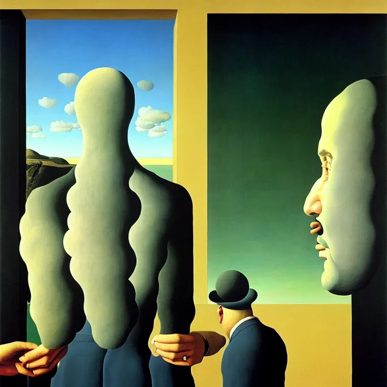 Image similar to a man looks into his own painting and sees nothing, by rene magritte and salvador dali, surreal, oil on canvas, hyper detailed