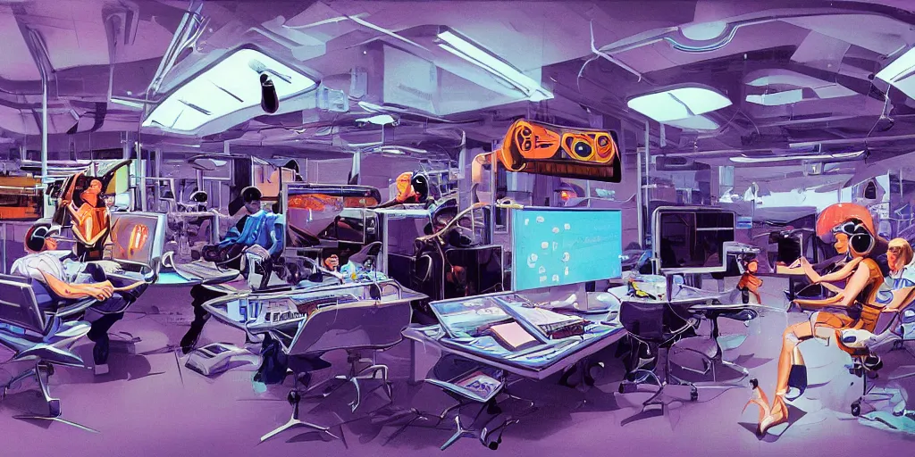 Prompt: retrofuturistic innovation hub for startups and small businesses working with virtual reality, augmented reality, AI, 5G and crypto by syd mead and ron cobb