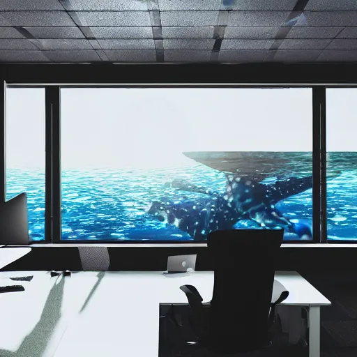 Prompt: photo of someone underwater working at an office desk, cinematic