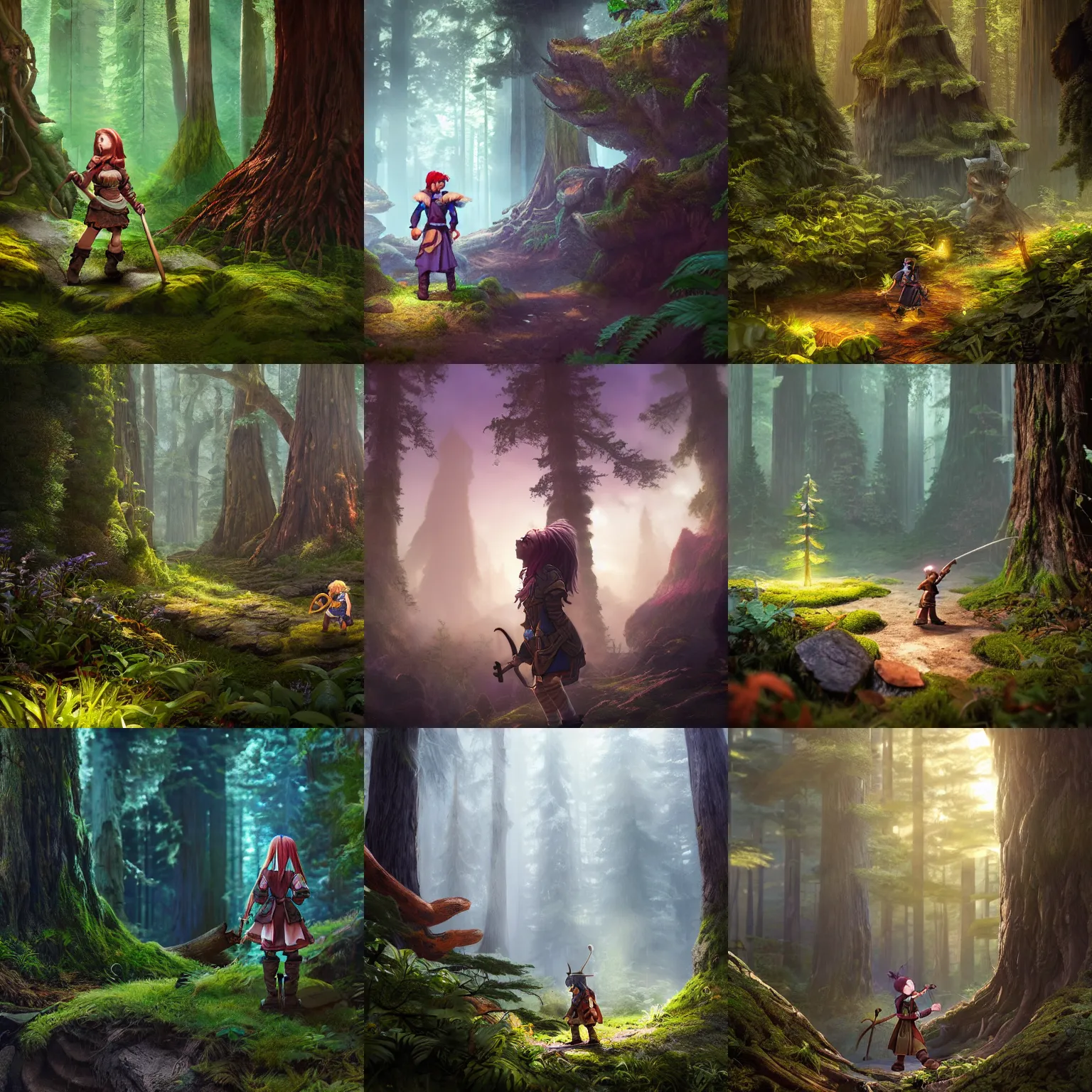 Prompt: a fantasy halfling alchemist in a redwood forest, in the style of warhammer, unreal engine, octane render, realistic, matte painting, masterpiece, studio ghibli, beautiful, magical,