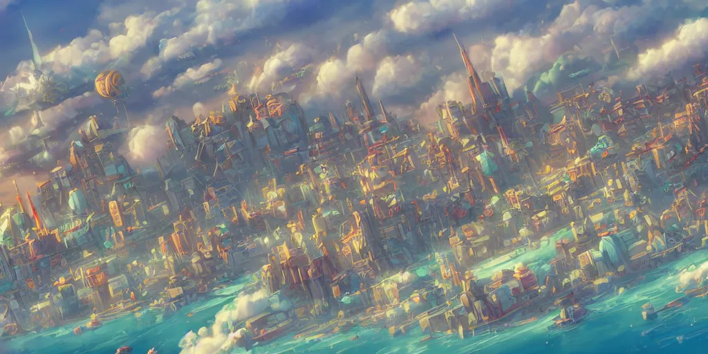 Image similar to a city in the style of piltover from arcane, blimps in the sky, blue skies, soft clouds, trending on artstation