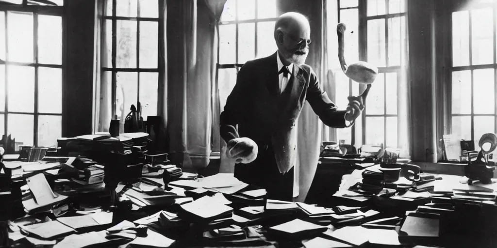 Prompt: a historic photo of sigmund freud juggling bananas, sunlight coming in through the window in his fancy office