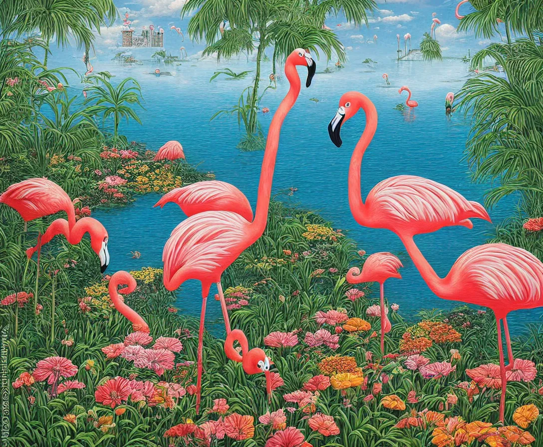 Prompt: flamingo in front of sea wall garden painting in a frame by Jacek Yerka