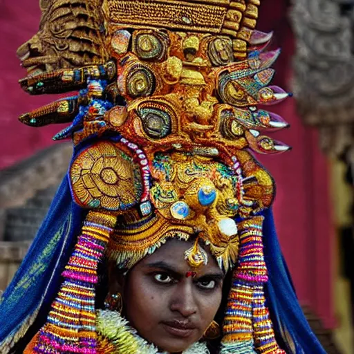 Image similar to a woman wearing an armor and head - dress. the armor and head - dress is made out of the colors, textures and sculptures of the meenakshi temple in madurai. intricate. detailed.