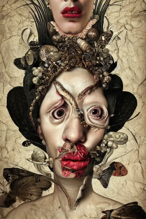 Prompt: Detailed maximalist portrait with large lips and with large white eyes, exasperated expression, HD mixed media, 3D collage, highly detailed and intricate, surreal illustration in the style of Caravaggio, dark art, baroque