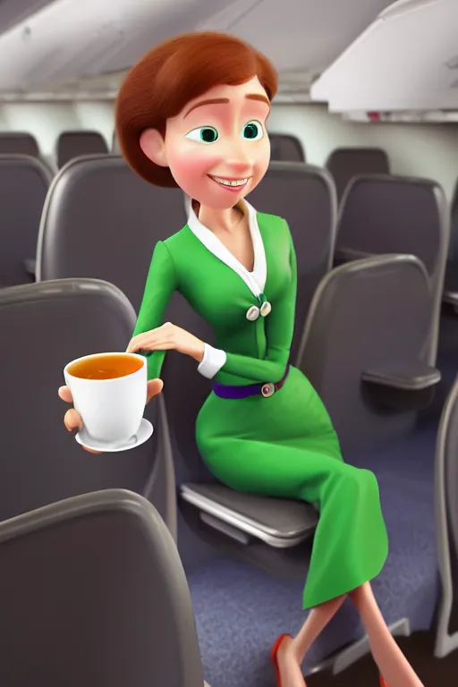 Prompt: portrait of female flight attendant with green eyes holding white teacup with airplane seats in background, full body. pixar disney 4 k 3 d render funny animation movie oscar winning trending on artstation and behance, ratatouille style