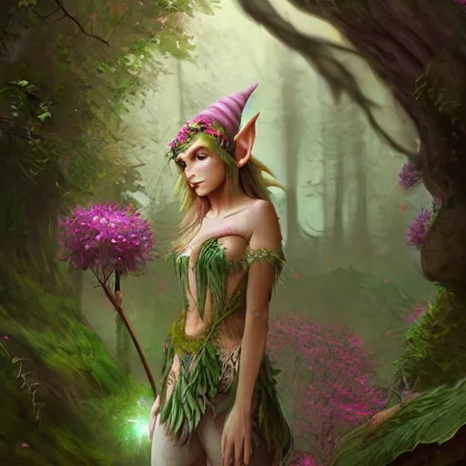 Image similar to a picture of a forest elf cloths in flowers and leaves, high fantasy, elegant, epic, detailed, intricate, digital painting, concept art, realistic, smooth, focus, rim light,