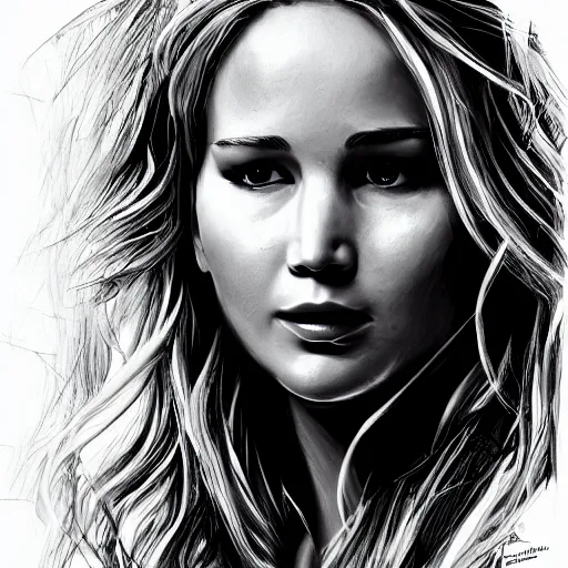 Image similar to dream jennifer lawrence portrait sketch artstation in red and white