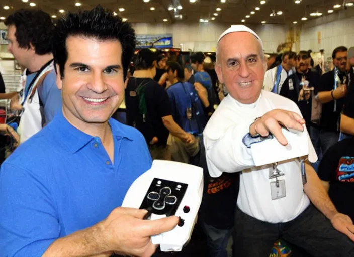 Image similar to tommy tallarico posing with the pope holding an intellivision controller at electronic gaming expo