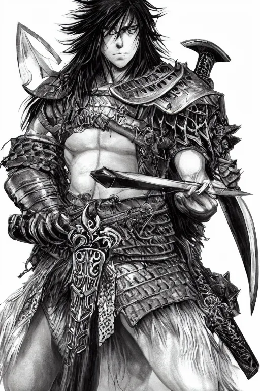 Prompt: A realistic anime portrait of a young handsome male barbarian with long wild hair, intricate fantasy spear, plated armor, D&D, dungeons and dragons, tabletop role playing game, rpg, jrpg, digital painting, by Yusuke Murata, concept art, highly detailed, promotional art, HD, digtial painting, trending on ArtStation, golden ratio, rule of thirds, SFW version