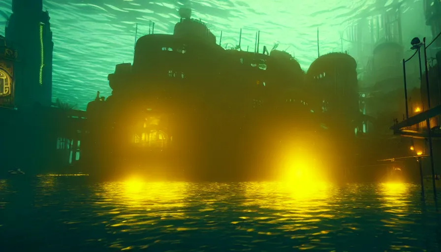 Prompt: a city underwater, landscape shot, small fish swimming around, yellow lights, by jmw turner, cold colors, highly detailed, moody lighting, bioshock style, octane render, 4 k, 8 k, ultrarealistic