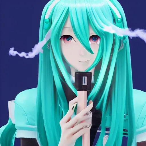 Prompt: hatsune miku smoking a vape pen in her right hand | smoke coming out of her mouth, artstation, 4 k