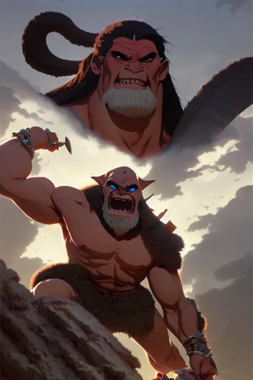 Image similar to orc barbarian male, finely detailed perfect face, exquisite details, earth magic, mid view, design on a white background, by studio muti, greg rutkowski makoto shinkai takashi takeuchi studio ghibli