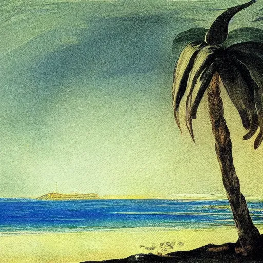 Image similar to a painting francisco goya did when he was obsessed with vaporwave palm trees