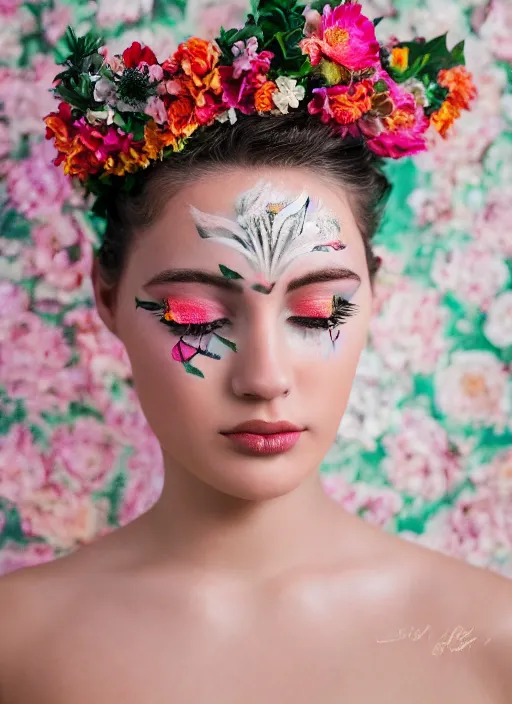 Prompt: a creative portrait of a beautiful female model, beauty shot, floral headpiece, floral painted backdrop, photography, creative makeup, face paint, female character, canon eos r 3, f / 1. 4, iso 2 0 0, 1 / 1 6 0 s, 8 k, raw, unedited, symmetrical balance, in - frame