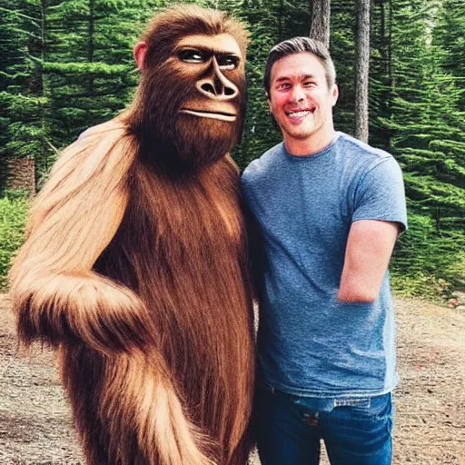 Prompt: a sasquatch and a human pose for a picture together, instagram post, selfie, well - lit