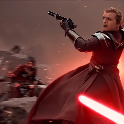 Prompt: battle of the heroes, dramatic composition, bloom, post processing, movie still from revenge of the sith