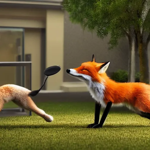 Prompt: a fox toying around a robot, photorealistic, 4k