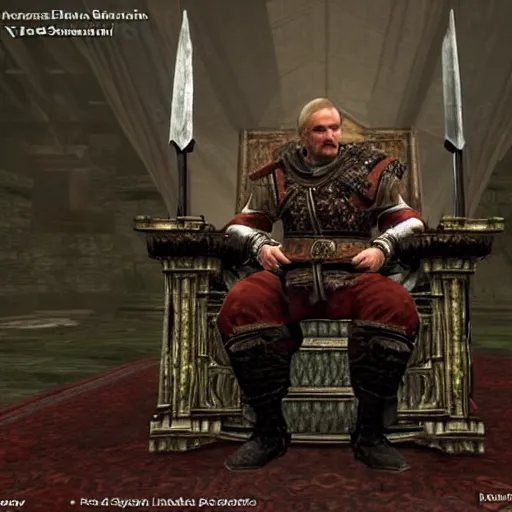 Image similar to Alexander Lukashenko as a Jarl in The Elder Scrolls V: Skyrim sitting on his throne in a slumped pose