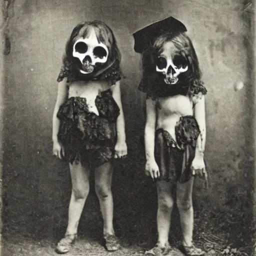 Prompt: portrait of children wearing skull masks, photograph, style of atget, 1 9 1 0, creepy, dark